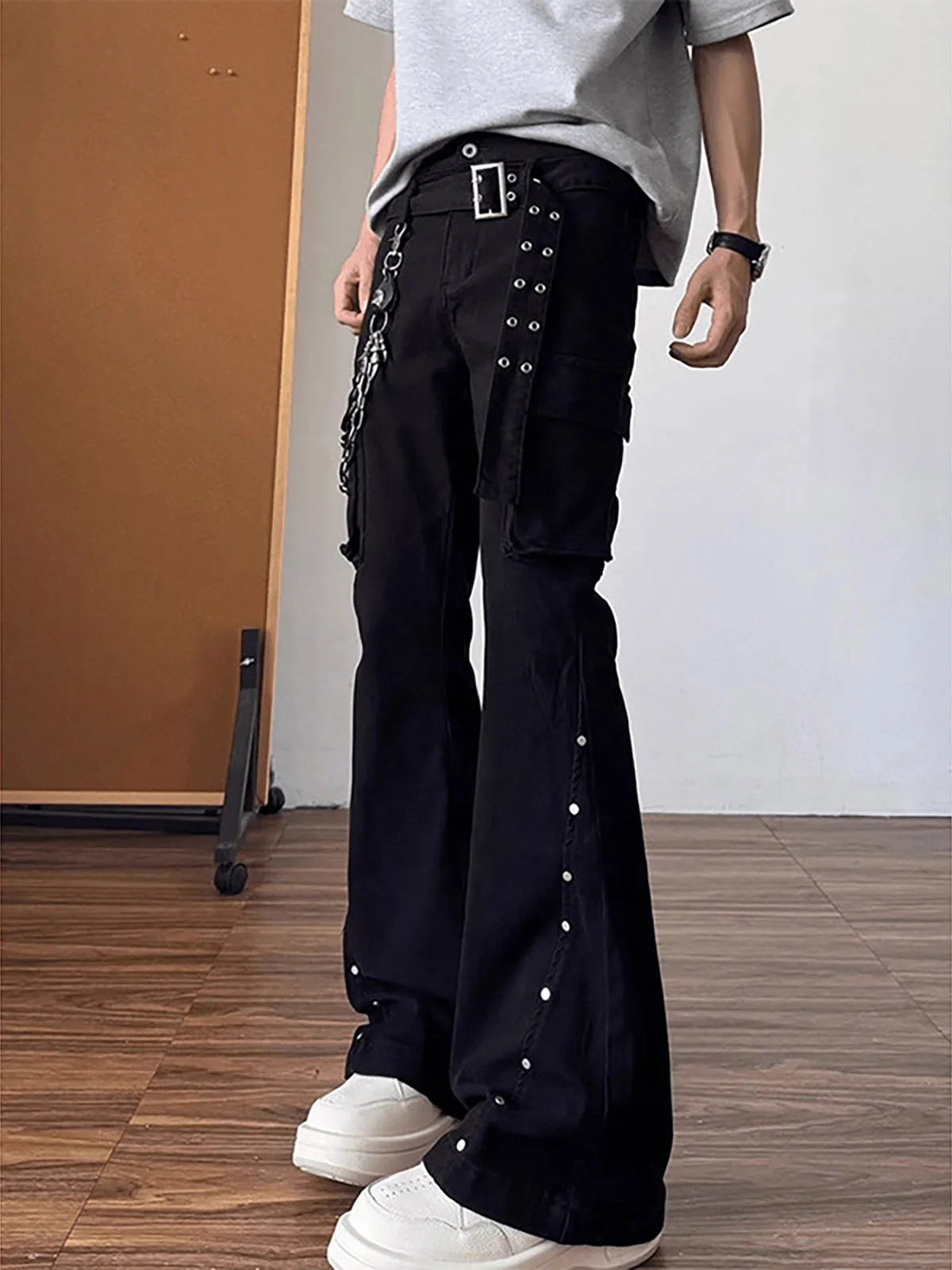 American Vibe Heavy Duty Black Rivet Knife  Jeans Men's Autumn Design Sense Belted Straight Leg Micro Flare Workwear Pants