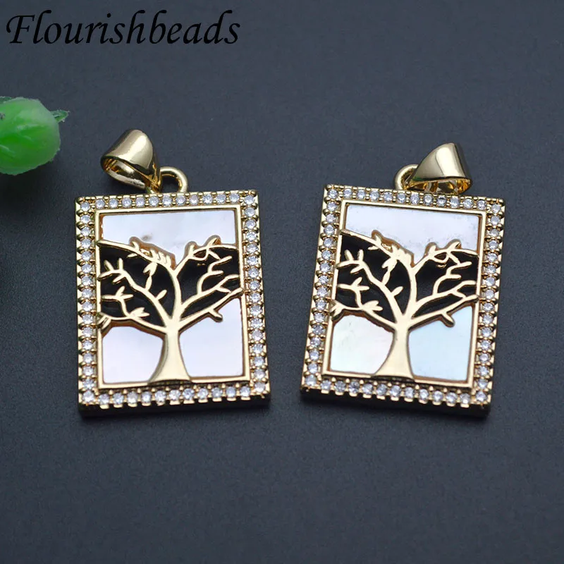 17x25mm Natural Mother of Pearl Square Tree of Life Round Pendant for DIY Fashion Necklace Jewelry Making