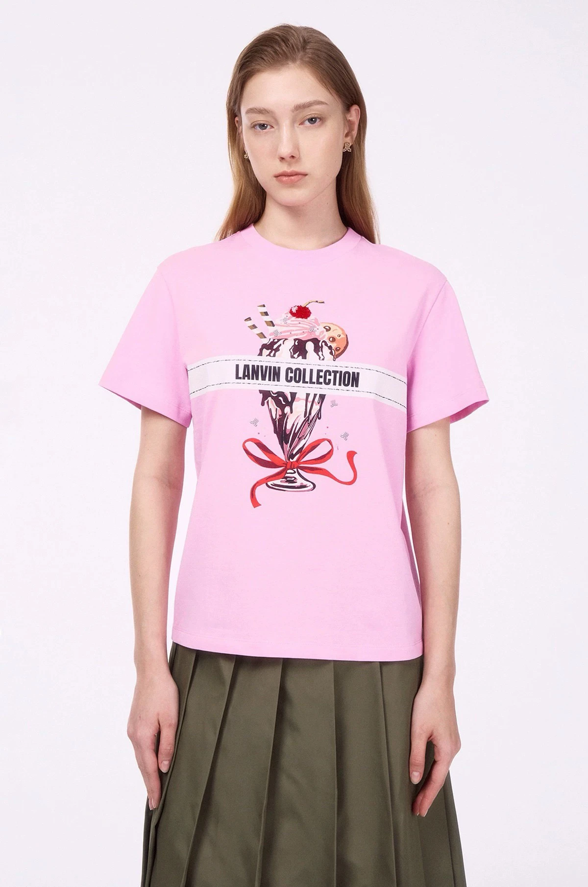 

High Quali Korean Single LNVN Spring Summer 25 Cherry Ice Cr Print Hand Sewn Bead Versatile Pure Cotton T irt