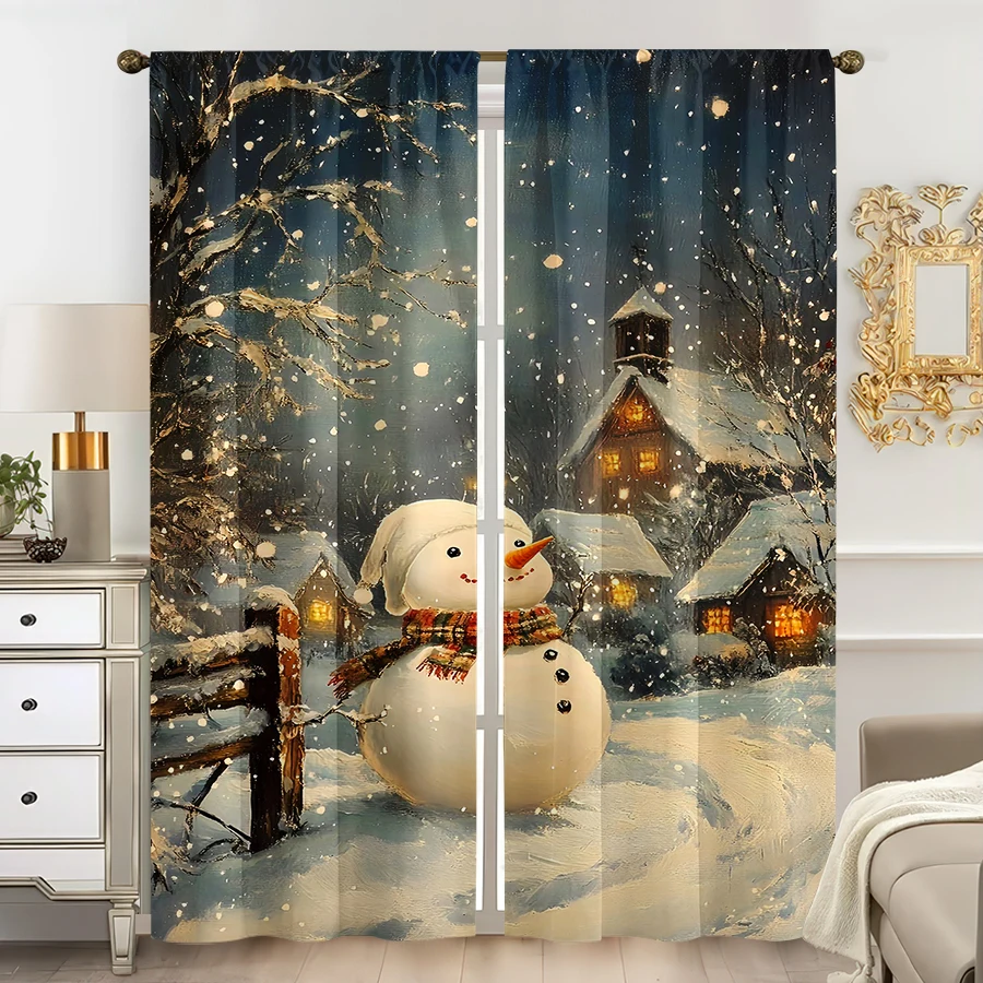 2PCS Christmas Winter Curtains, Snowman Village, Digital Print, Bedroom Living Room Kitchen, Rod Pocket Polyester, Home Decor