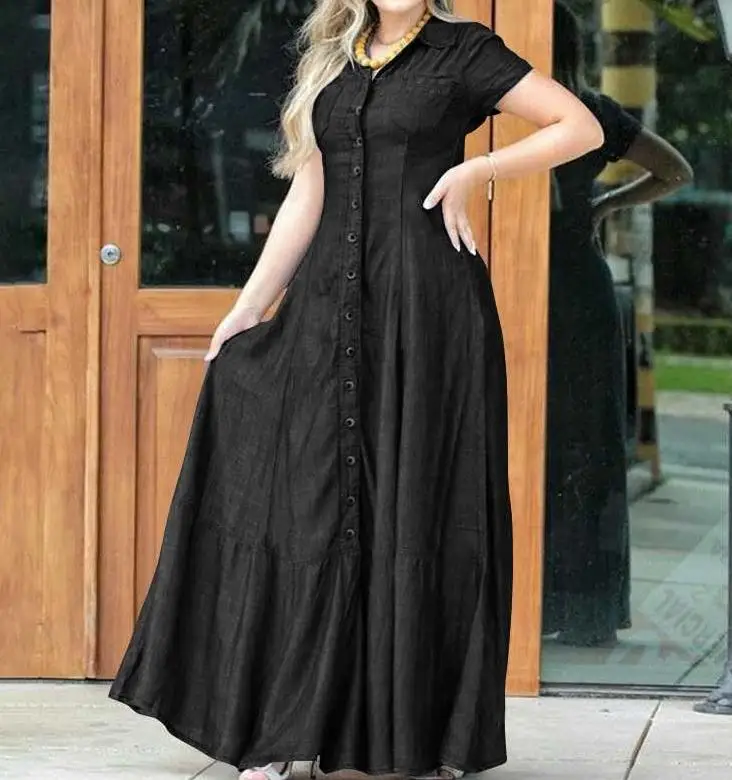 Robe chemise maxi en denim à simple boutonnage pour femmes, revers de document solide, manches courtes, mode d\'été, 03/Swing, 2023