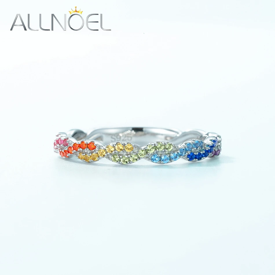 ALLNOEL 925 Sterling Silver Rings for Women Summer Colorful Rainbow CZ Zircon Twist Ring Trendy Anniversary Gifts Fine Jewelry