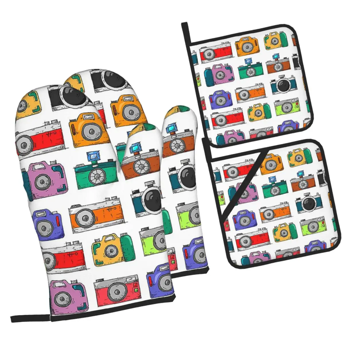 Retro Camera Oven Mitts and Pot Holder Sets of 4 for Baking Kitchen Cooking BBQ Resistant Non-Slip Gloves