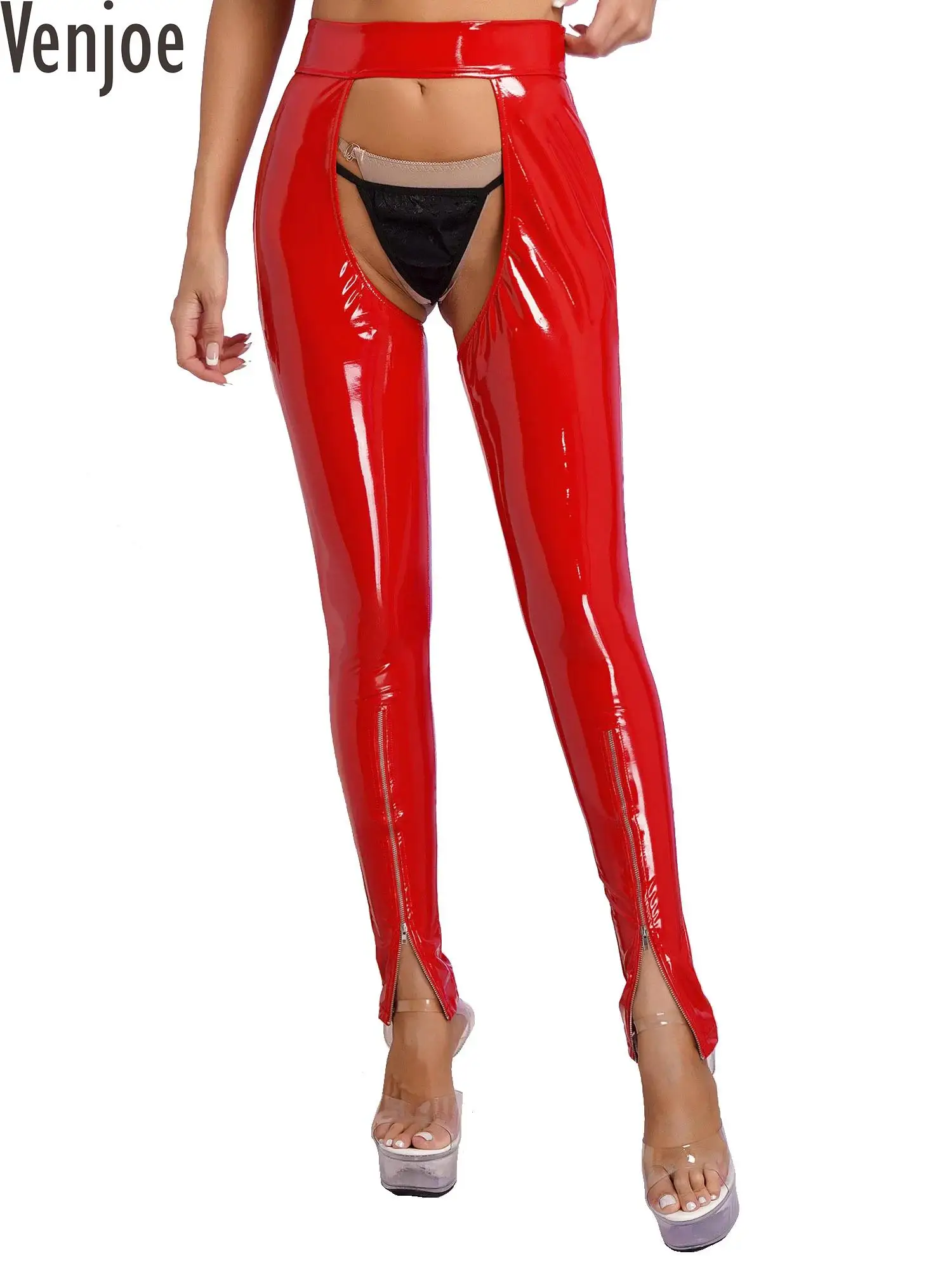 

Womens Wet Look Patent Leather Lingerie Leggings Open Crotch Hot Pants Backless Zipper Leg Skinny Pants Clubwear for Rave Party