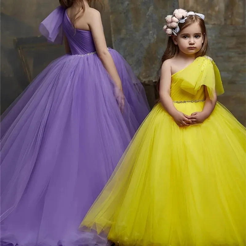 New Shiny Sash One Shoulder Flower Girl Dresses Kids Princess Birthday Party Gowns Flower Girl Bridesmaid Elegant Dress