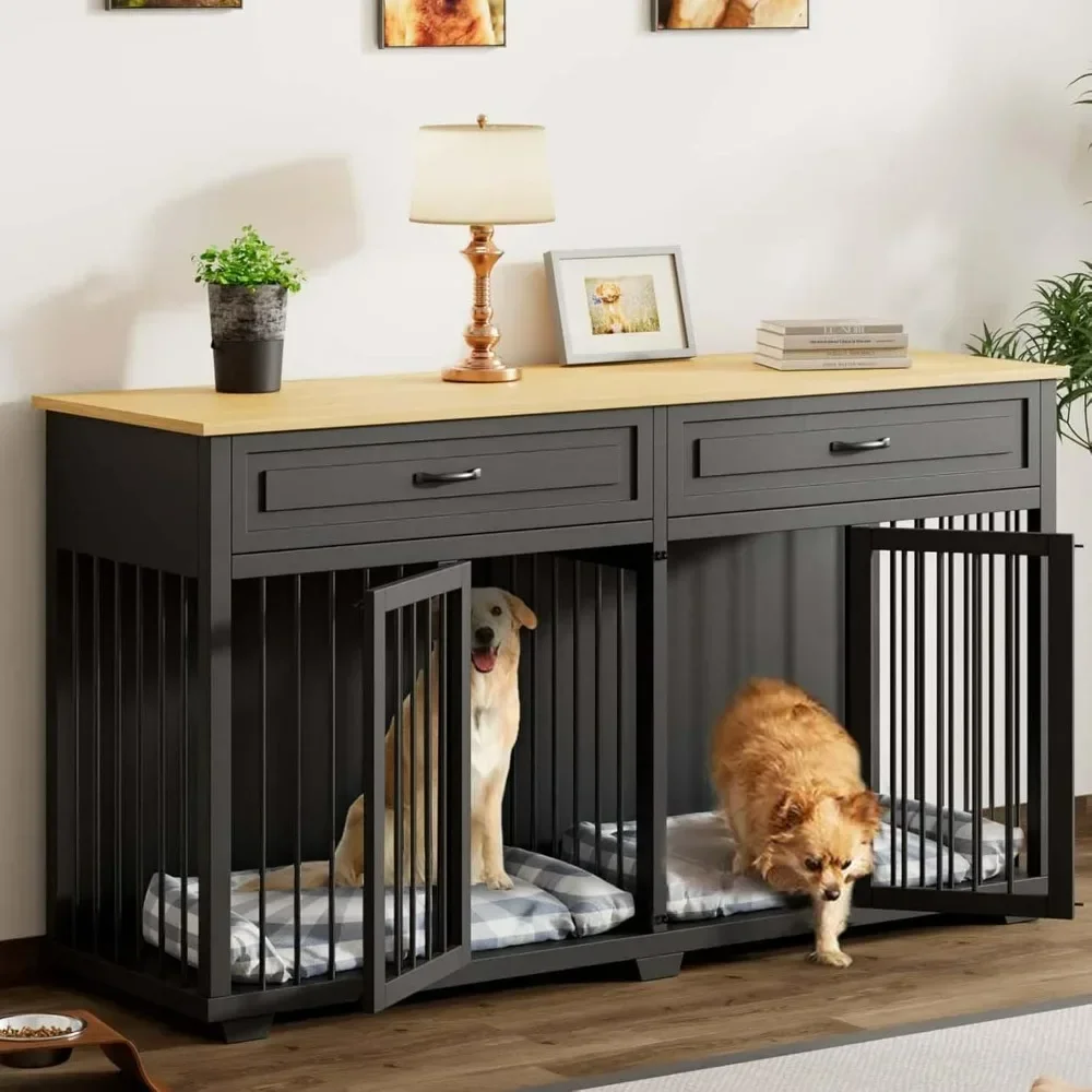 Dog Crate, Wooden Kennel with Removable Divider, Dog House TV Entertaiment Center for Small Medium Large X-Large Pet, Dog Crate