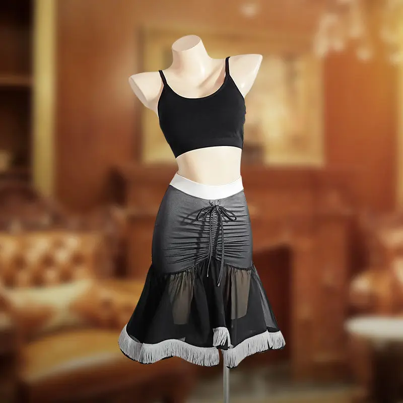 Professionele Latin Dance Half Rok Vrouwen Trekkoord Hip Wrap Kwastje Rok Dans Praktijk Rok Slim Mesh Rok