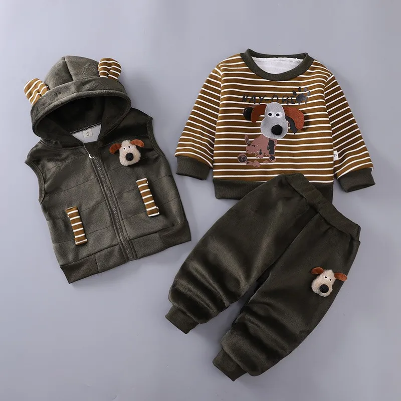 2026 Winter Baby Boys Cotton Clothes Set Autumn Thick Cartoon Dog Hooded Warm Vest Jacket Pants 3Pcs Suit For 1 2 3 4 Years Kids