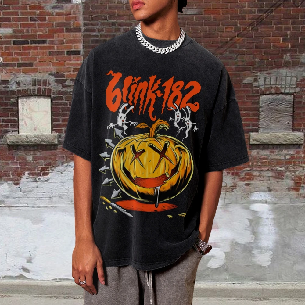 Contrasting Color Fashion Short Sleeve Halloween Pumpkin Print Loose Washed Denim Loose Trend Designer New Short Sleeve