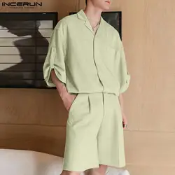 Men Sets Solid Color Loose Streetwear Lapel Half Sleeve Shirt & Shorts 2PCS Korean Style 2023 Fashion Men Casual Suits INCERUN