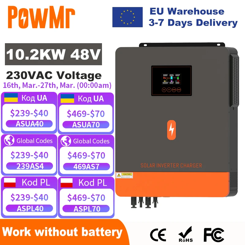 PowMr 10.2KW Hybrid Solar Inverter 48V 230V On Grid Off Grid Pure Sine Wave Inverter Dual Output MPPT 160A Solar Battery Charger