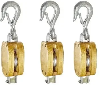 C0616900076 4" Single Wood Manila Rope Block with Hook, 1000 lbs Load Capacity, 1/2" Rope, 2-1/4" Sheave (3)