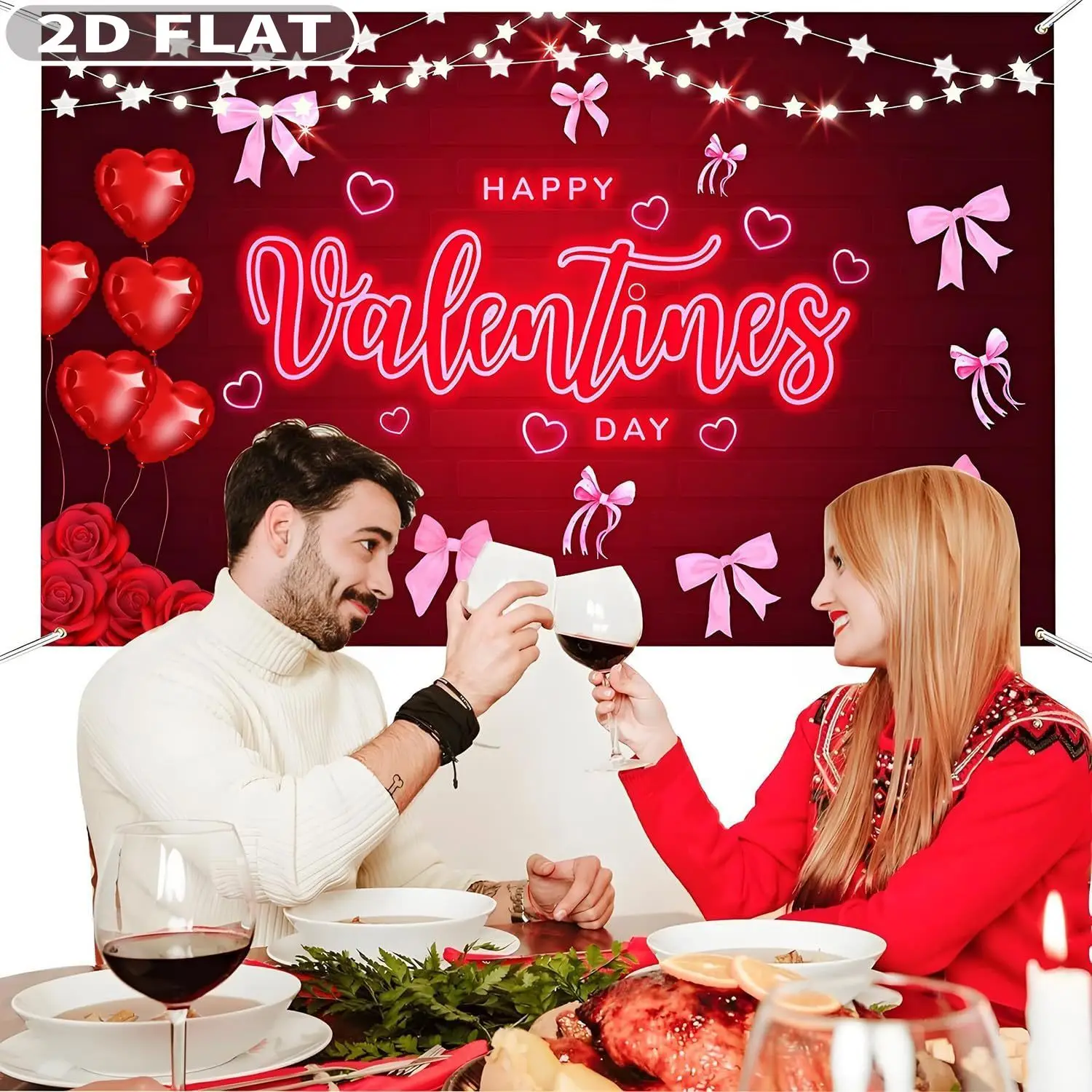 2D FLAT 1pc Happy Valentine's Day Party Photo Booth Props Banner, 72x44 Inch Polyester 14 February Party Backdrop Red Rose