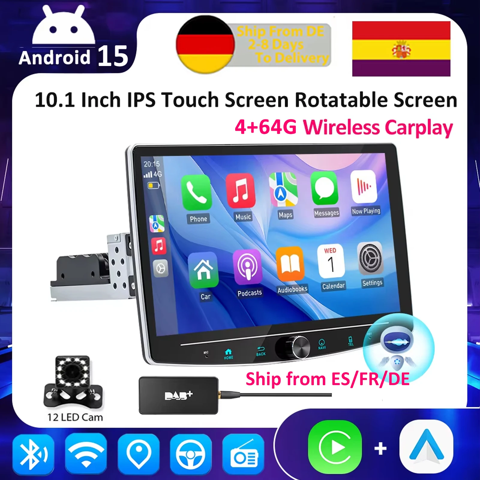 ESSGOO Android 15 Universal Auto Radio Drehbare Bildschirm 1din 4 + 64G Carplay Bluetooth FM Radio Empfänger TF USB WIFI