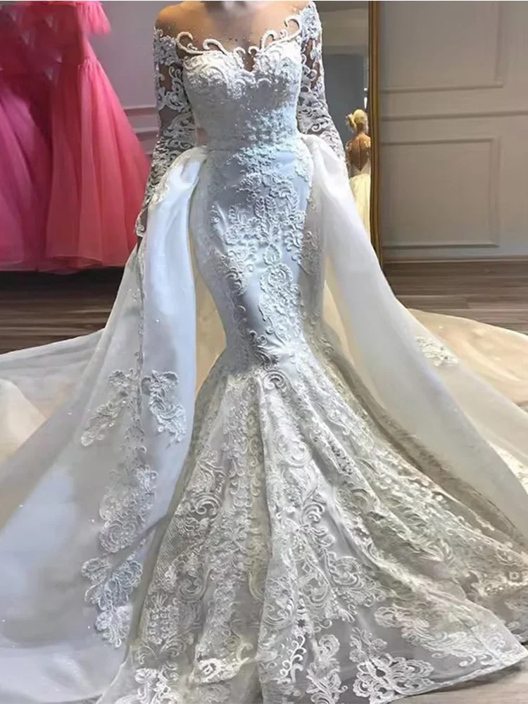 Glitter Detachable Train Wedding Dress Lace With Embroidery Beading Mermaid Ballgown Customized O-Neck Vestido De Novia Bride