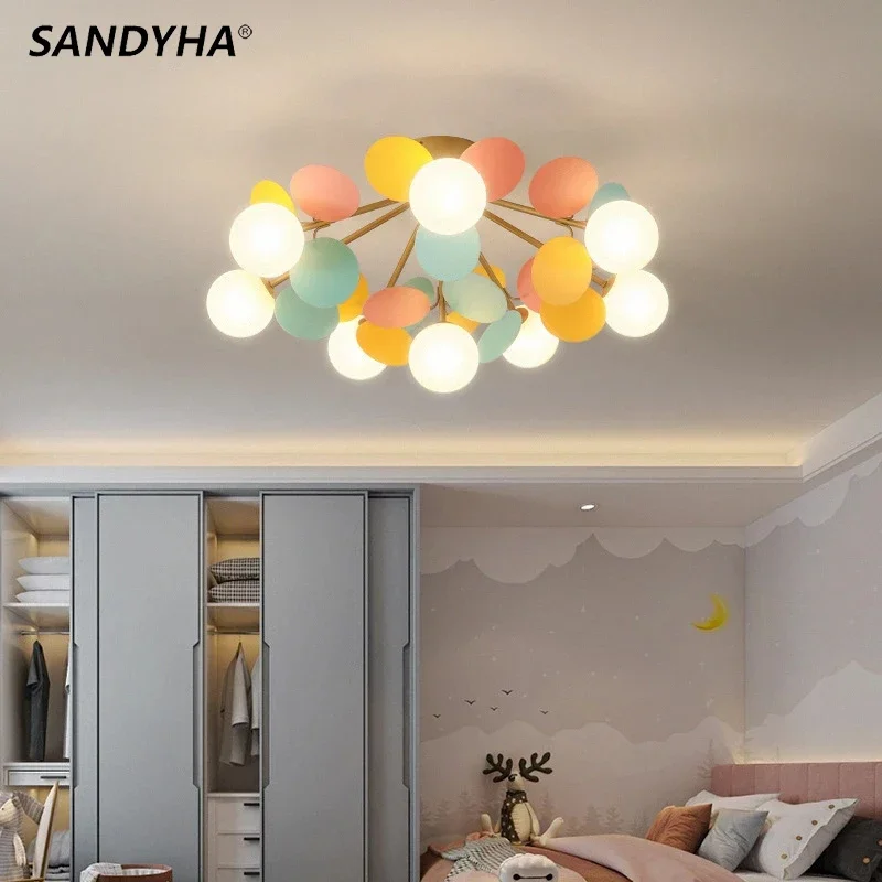 SANDYHA Modern Macron Ceiling Chandelier Frost Glass Children\'s Room Living Bedroom Hallway Colorful Home Decor Indoor Lightings