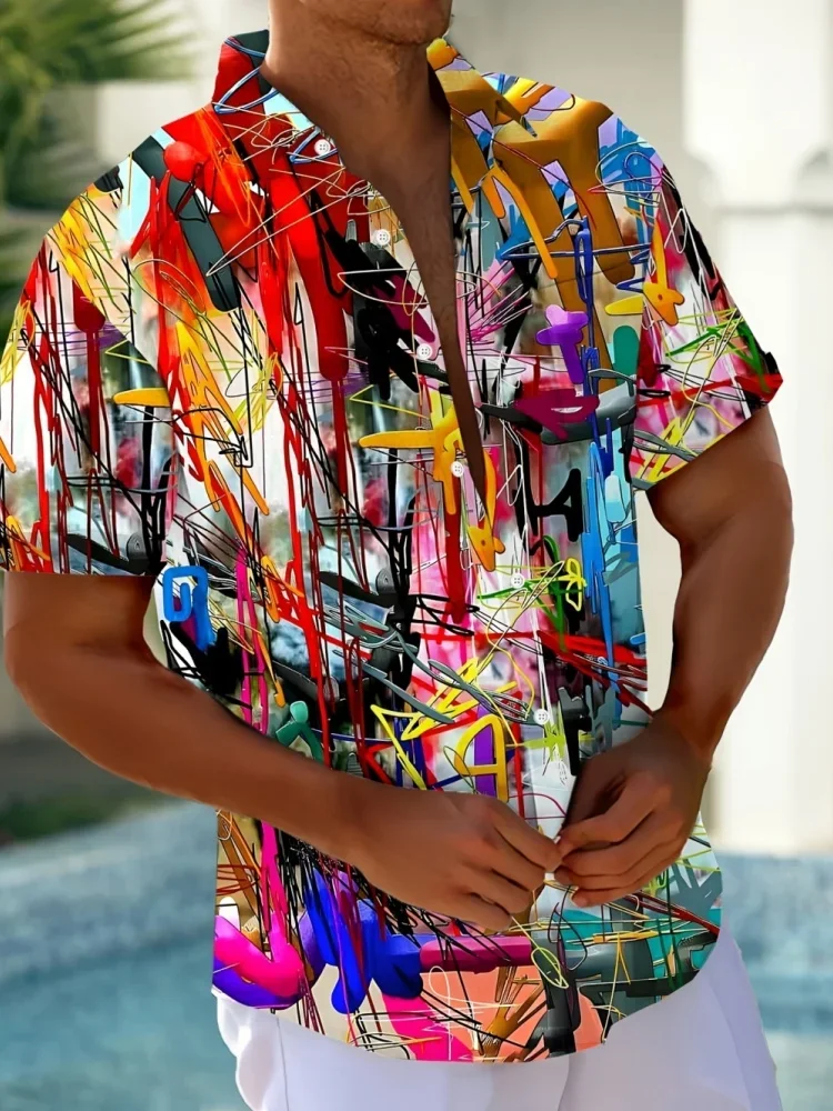 Men's Summer Casual Shirt Vibrant 3D Print Graffiti Art Short Sleeves Lapel Button-Up Top Stylish Streetwear Colorful Shirt