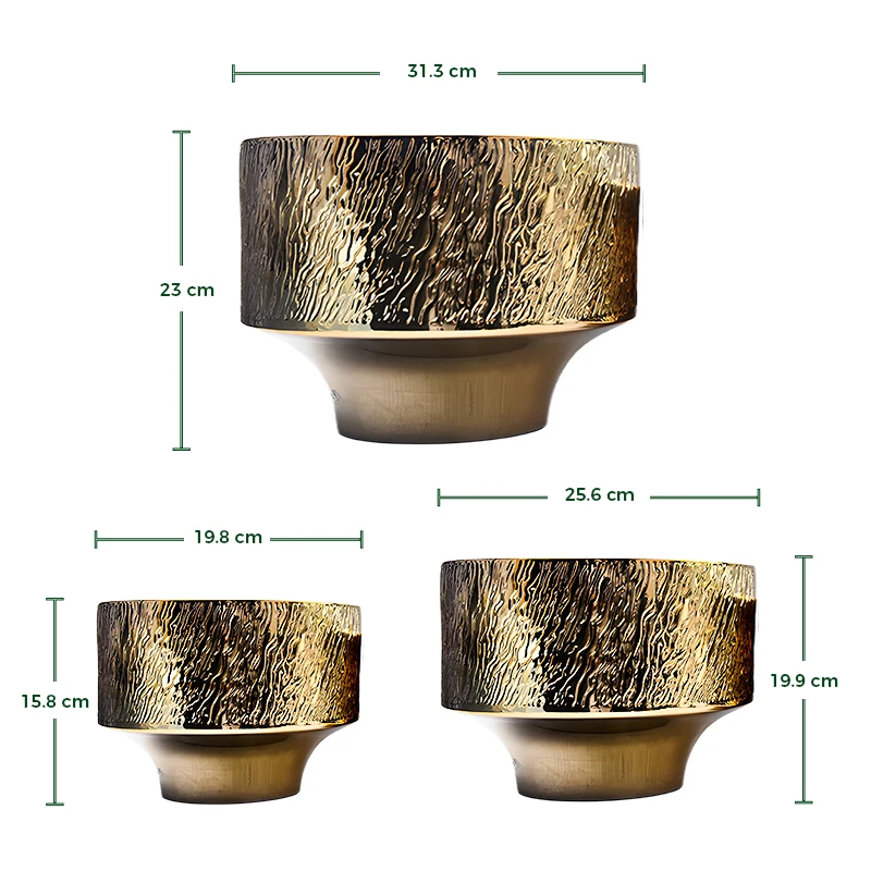 Set of luxury gold bronze ceramic planters with metallic wavy bark design base