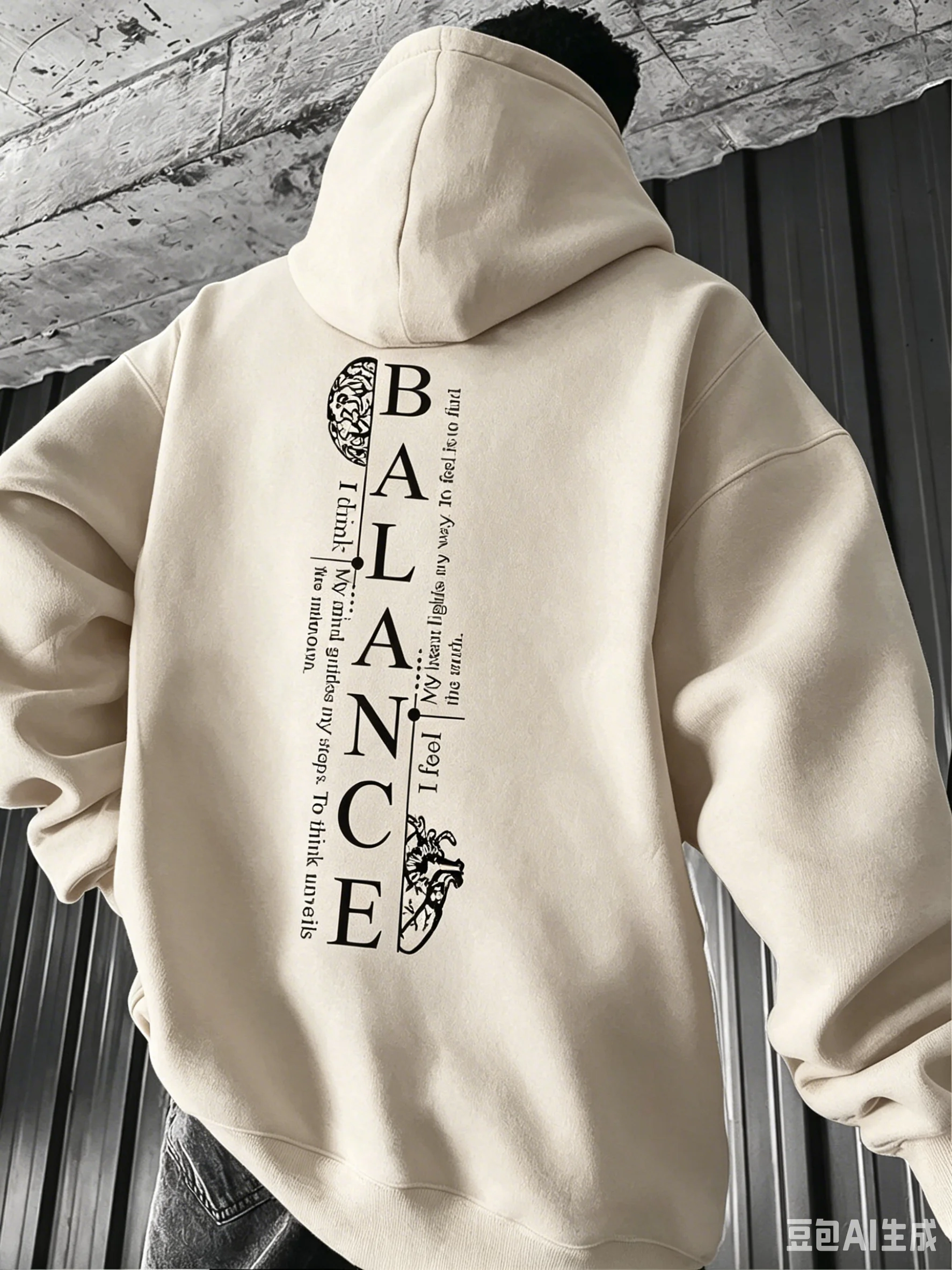 Neuer Hoodie für Herren mit Vertikalem Textdruck 'Balance Brain & Heart', Lässiger Street-Style Pullover für Herbst und Winter, Kapuzen-Sweatshirt – Detail 6