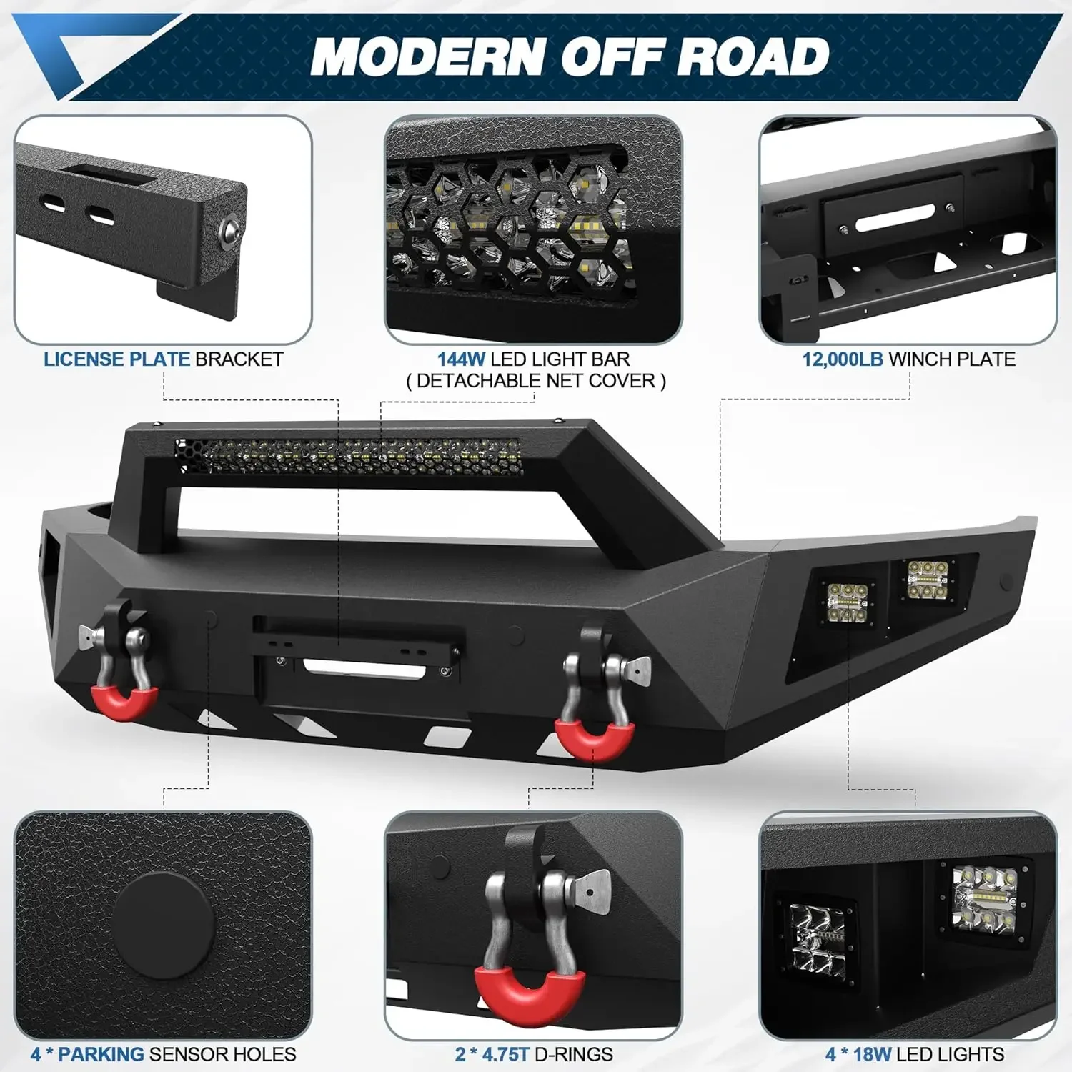 For 2019-2023 Ford Ranger Pickup (Excluding Wildtrak) Front Bumper W/Winch Plate, LED Lights, D-rings And License Plate Bracket