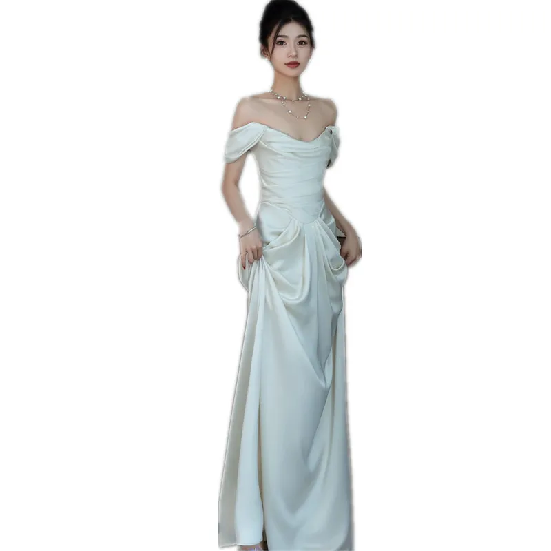 One-shoulder 195 light wedding dress evening dress simple white 2024 new bride reception dress skirt