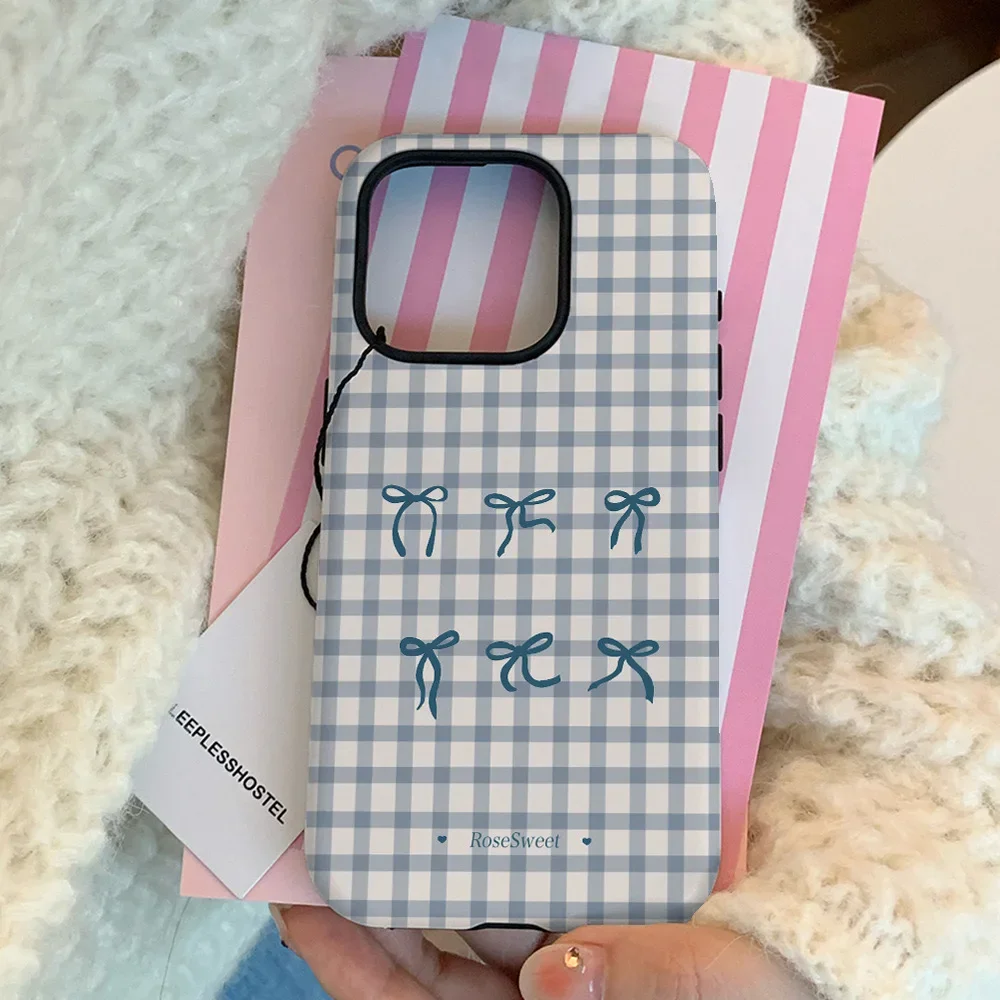 Summer Bow Blue Grid Phone Case for IPHONE 16 PRO MAX 14 13 12 11 PRO Plus 15pro XS XR Acrylic TPU Two in One Mobile Phone Cases