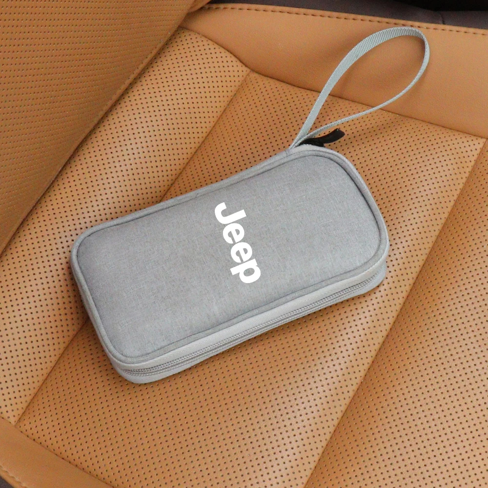 

1pc Car Key Storage Bag Portable Wallet Keychain USB Cable Phone Holder Car Accessories For JEEP GrandCherokee Renegade Wrangler
