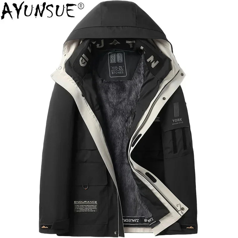 Ayunsue outono inverno quente grosso real forro de pele de vison parkas masculino 2025 com capuz casual casaco masculino roupas abrigo hombre gxy985