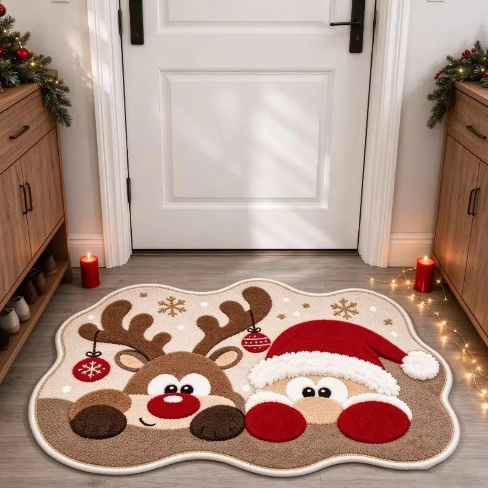 Soft Christmas Irregular Rug Non-Slip Cartoon Pattern Reindeer Print Rug Imitation Cashmere Santa Claus Entryway Mat Living Room