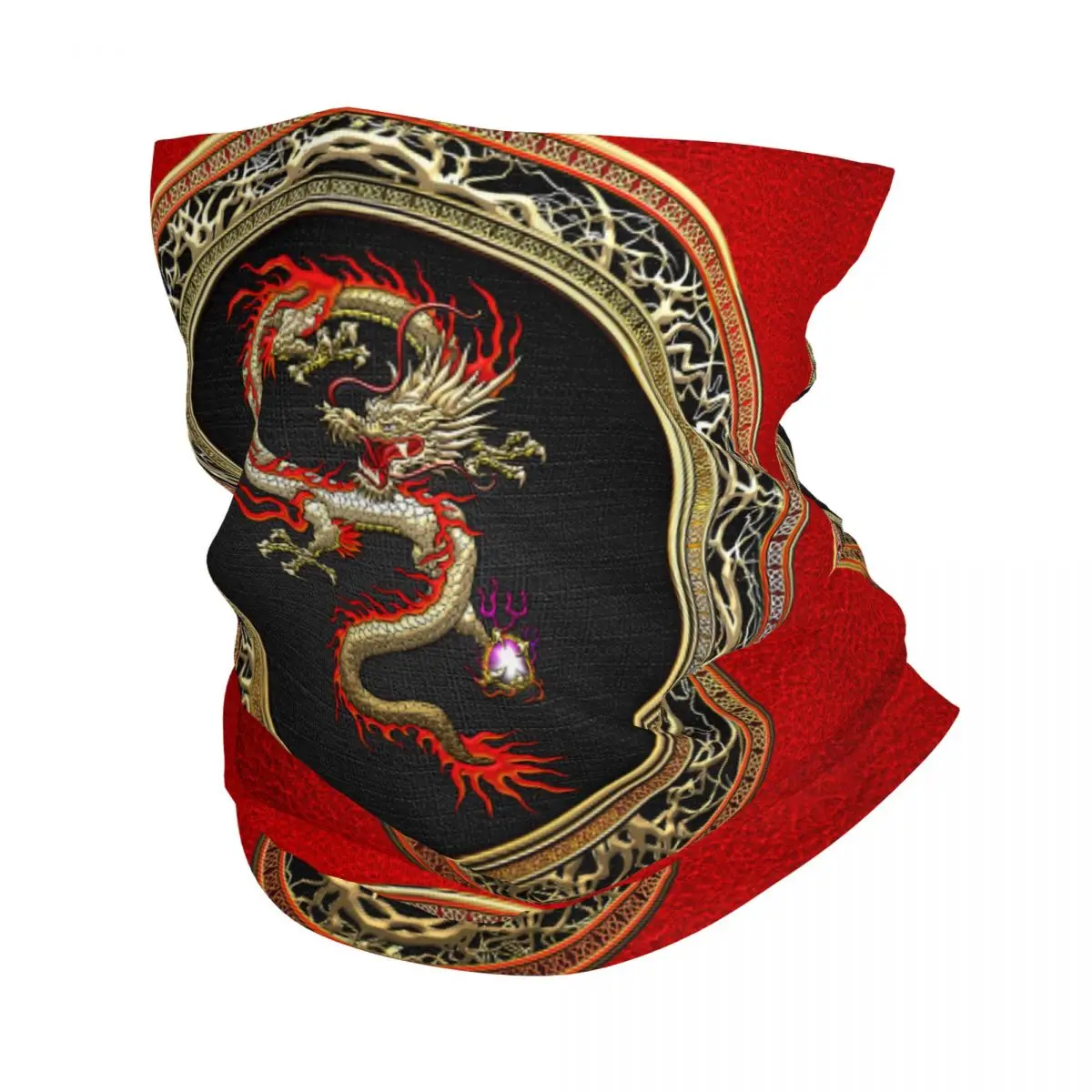 Golden Fucanglong Chinese Dragon Headband Neck Warmer Hiking Camping Tube Scarf Asian Folklore Mythology Face Bandana Gaiter