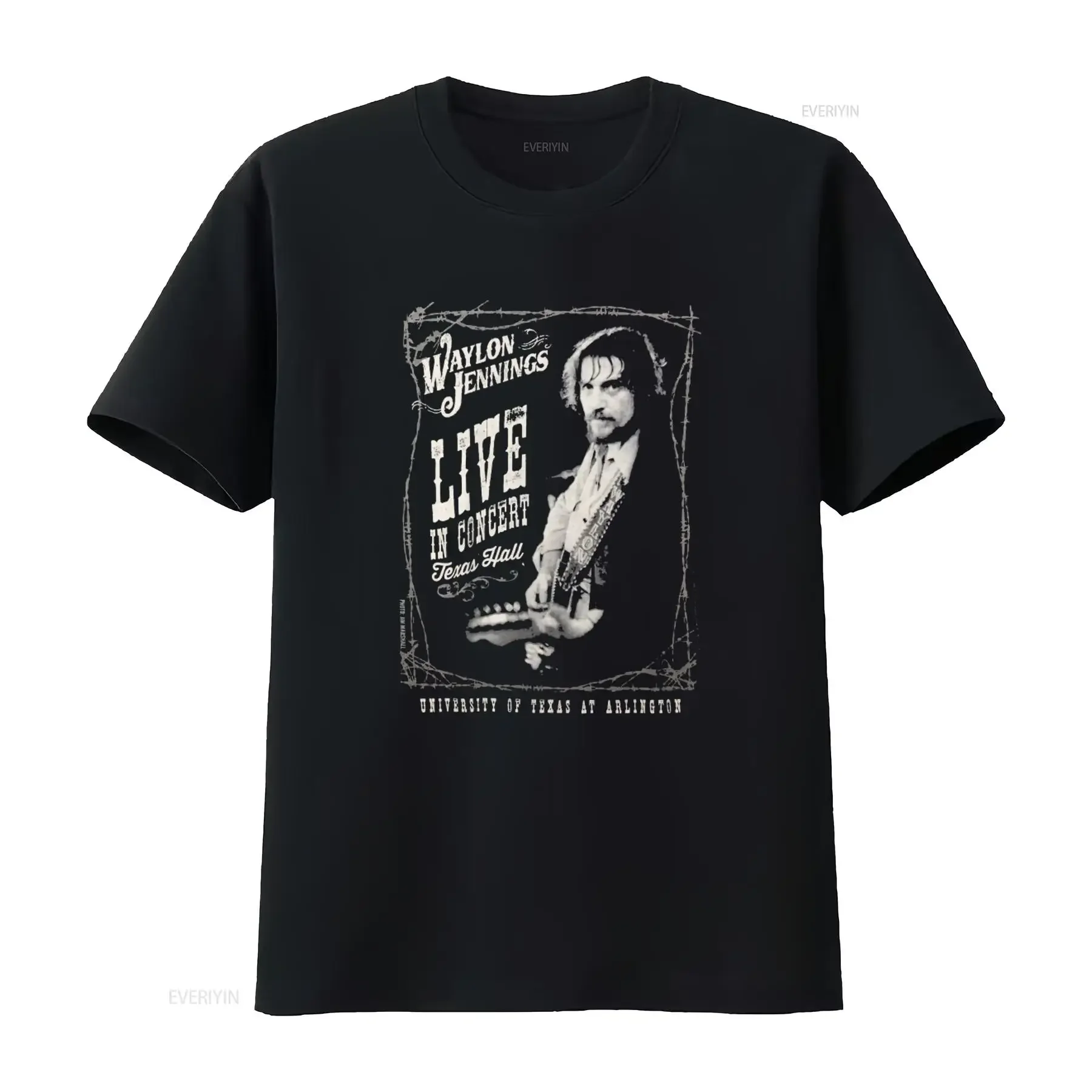 Men's Waylon Jennings Live in Concert Slim Fit T Shirt Large Black Rock Music Fan  vintage Washed designer clothes Casual