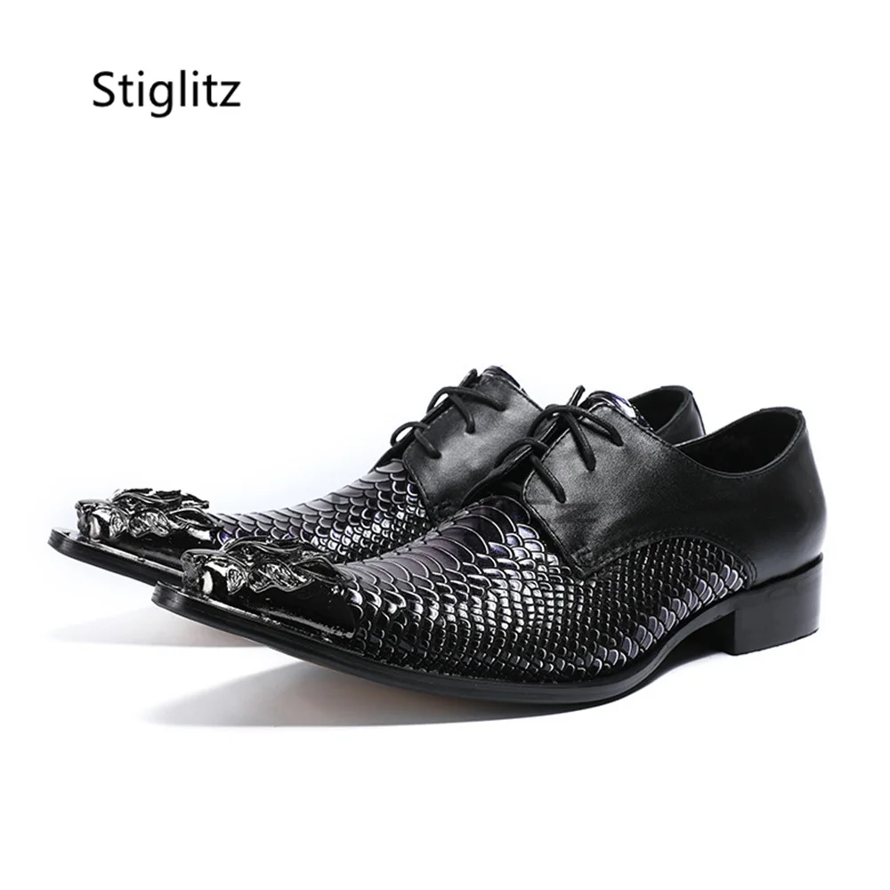 Snake Pattern Men's Lace Up Oxford Shoes Metal Pointed Toe Genuine Leather Low Heel British Style Formal Evening Dress Shoes