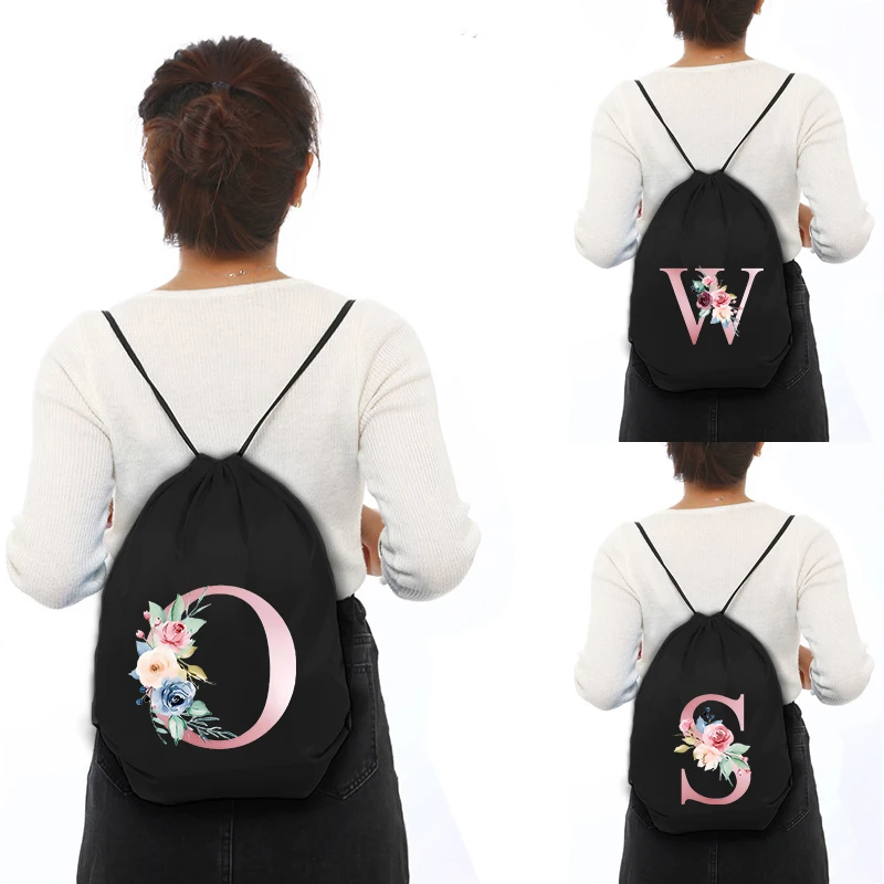 Women Portable Shopping Fashion Custom School Shoe Bag for Girl Drawstring Bag Gym Pouch Bag Pink Letter Print Backpack