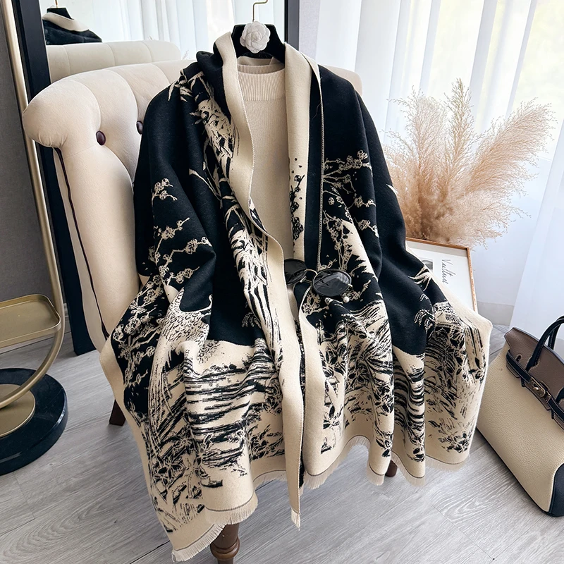 Women Winter Cashmere Scarf White Crane and Bamboo Forest Pashmina Luxury Brand Shawls and Wraps Bufanda Echarpe Warm Blanket