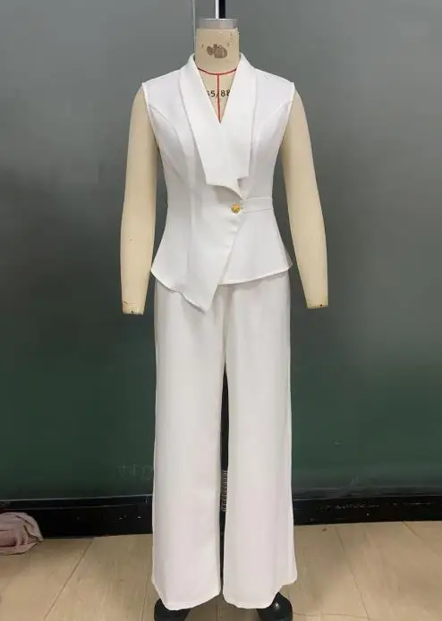 ชุดเซ็ทสองชิ้นสำหรับผู้หญิง ฤดูใบไม้ผลิ 2025 ใหม่ สไตล์หรูหรา สีพื้น คอวี แขนกุด เสื้อกั๊กเอวเข้ารูป และกางเกงขายาวทรงตรง