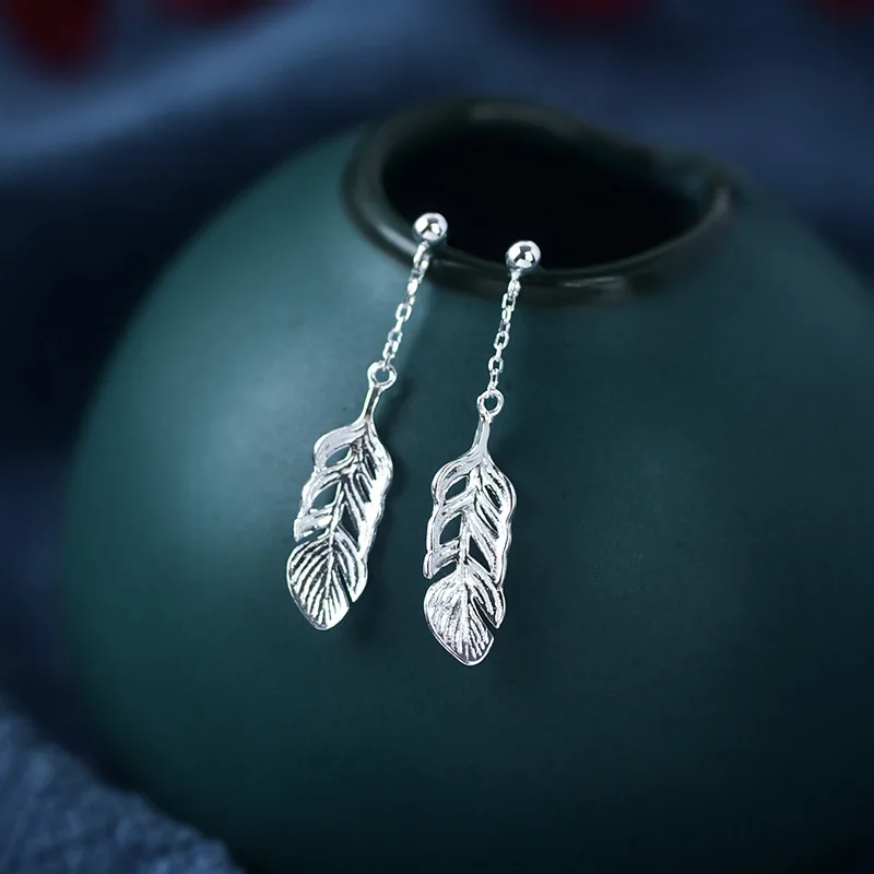 925 Sterling Silver Feather Earrings Women Simple Fashion Wedding Jewelry Accessories