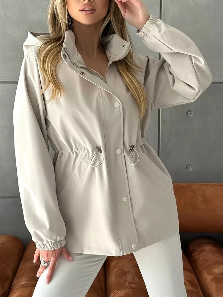 

Stand Collar Casual Interchange Jacket Women Full Sleeve Single Breasted Solid Waist Cinching Hooded Coat New Lady Spring Wear