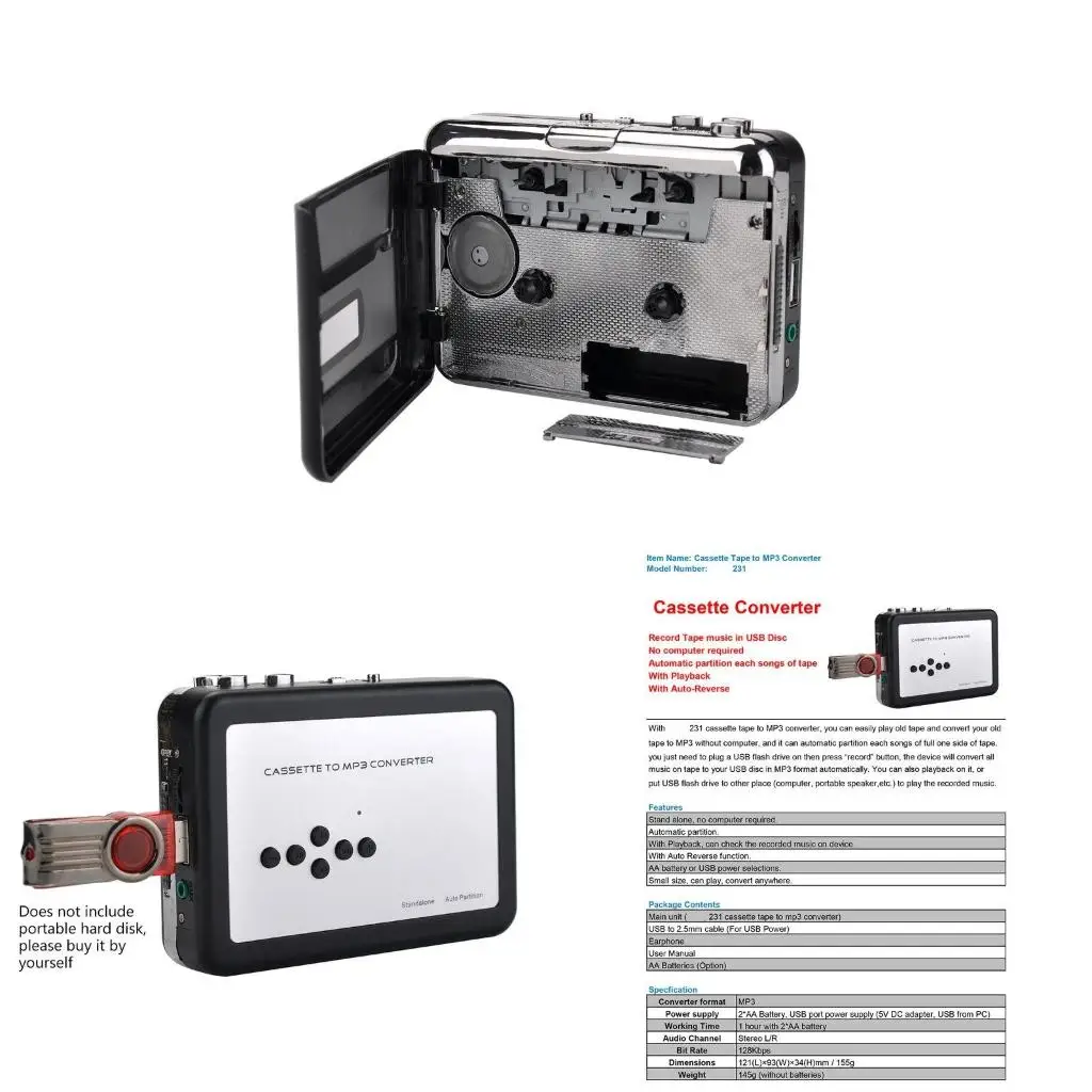 Convert Tapes to USB Flash Drive USB Port Power Supply USB Cassette for Laptops and Computers