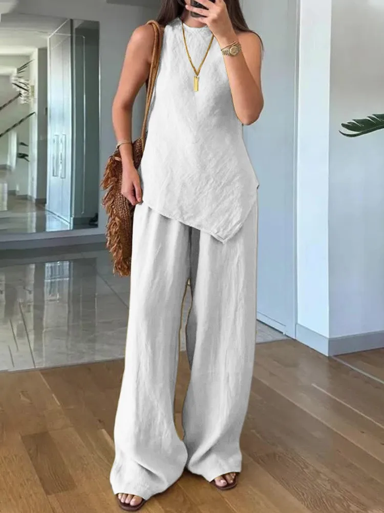 Summer Cotton Linen Loose 2 Piece Sets Women's Solid Irregular Hem Top Outfit Casual Sleeveless O-neck Top Wide Leg Pants Set