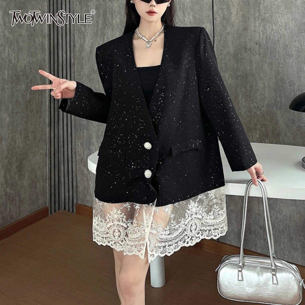 

TWOTWINSTYLE черная шикарная сетчатая куртка женская с v-образным вырезом и длинным рукавом свободные французские минималистичные женские куртки осенняя мода новинка