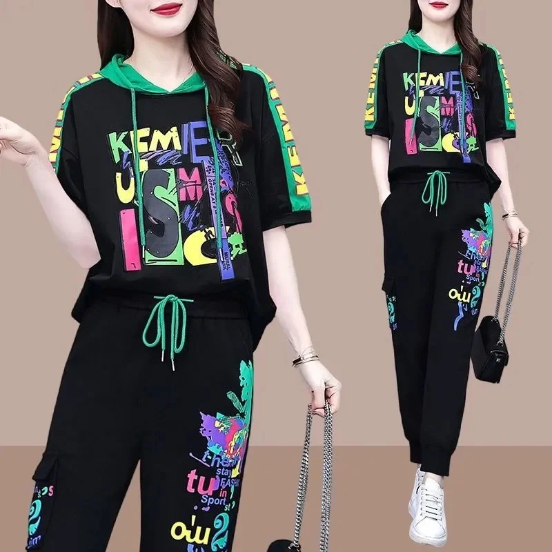 Sense of design feminino calças com capuz outfit 2025 senhora tamanho grande 4xl retalhos calças 2 pçs primavera femme impressão conjunto de duas peças