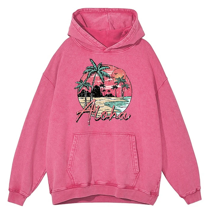 

Retro Distressed Wash Aloha Hawaii Beach Sunset Scenery Men Hoodie Loose Casual Clothes Fashion 100% Cotton Autumn Sweatshirts