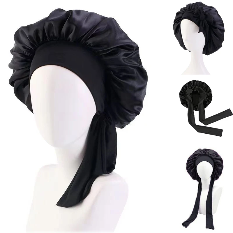Sleeping Cap-Elastic Band Silk Hair Bonnets For Women Sleeping Cap With Wide Edge Ribbon-Hair Protection Turban Head Wraps