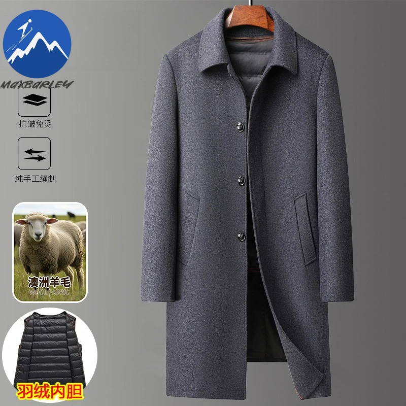 Maxbarley Men Long Down Jacket Business Casual Lightweight Padded Jackets High Quality Detachable Inner Warm Winter Wool  Coat