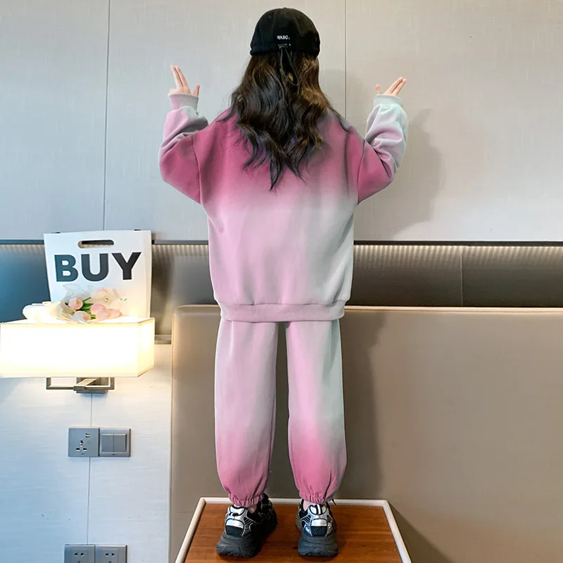 Spring Teenage Boy Girl Clothes Set Children Sports Gradient Sweatshirt Pullover Top and Pants Bottom 2pcs Suit Cotton Tracksuit