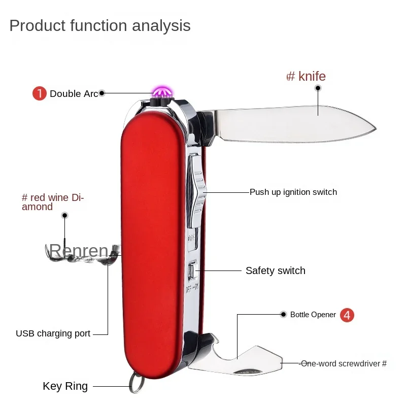 Men and Women Multifunctional Self-defense Outdoor Survival Dual Arc USB Charging Innovation USB Dual Arc Lighter with A Knife