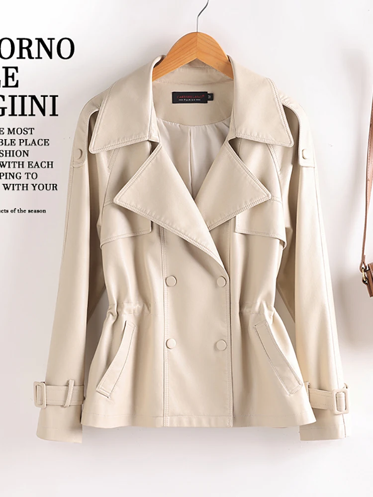 

Ning Genuine Leather Jaet Women's ort Sle Spring Autumn New Loose Slimming eepskin Coat Waist-Cinching Elegance...