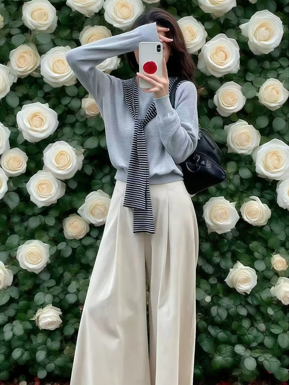 

Spring Large Size Knitted Striped oulder Wrap Top And Wide Leg Pants Women's Faion Set Casual Loose Fit High Waist