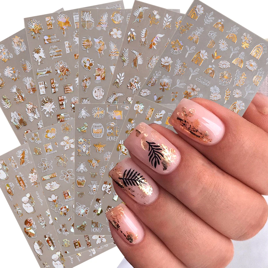 

9pcs Holographic Gold White Flowers Leaves Nail Manicure Stickers Laser Elegant Floral Geometry Adhesive Decal Charm Decor Foils