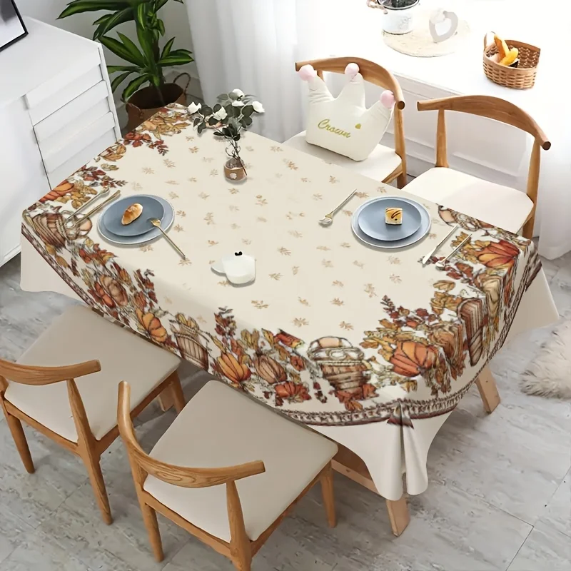 Autumn Pumpkin Border Tablecloth, Fall Maple Leaf Pumpkin Harvest Print Rectangular Table Cover for Dining Kitchen Home Decor